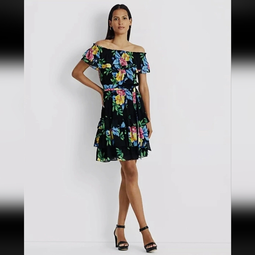 Ralph Lauren Crinkle Georgette Off-Shoulder Mini Floral Dress – Size 12